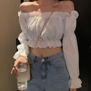 Tigermist off shoulder white crop top